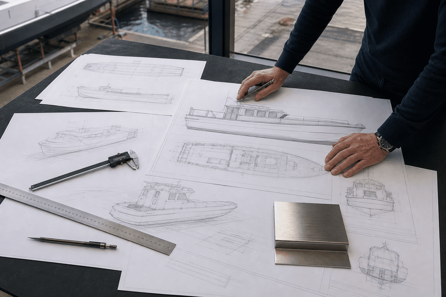 Rescue boat concept drawings on an engineering table