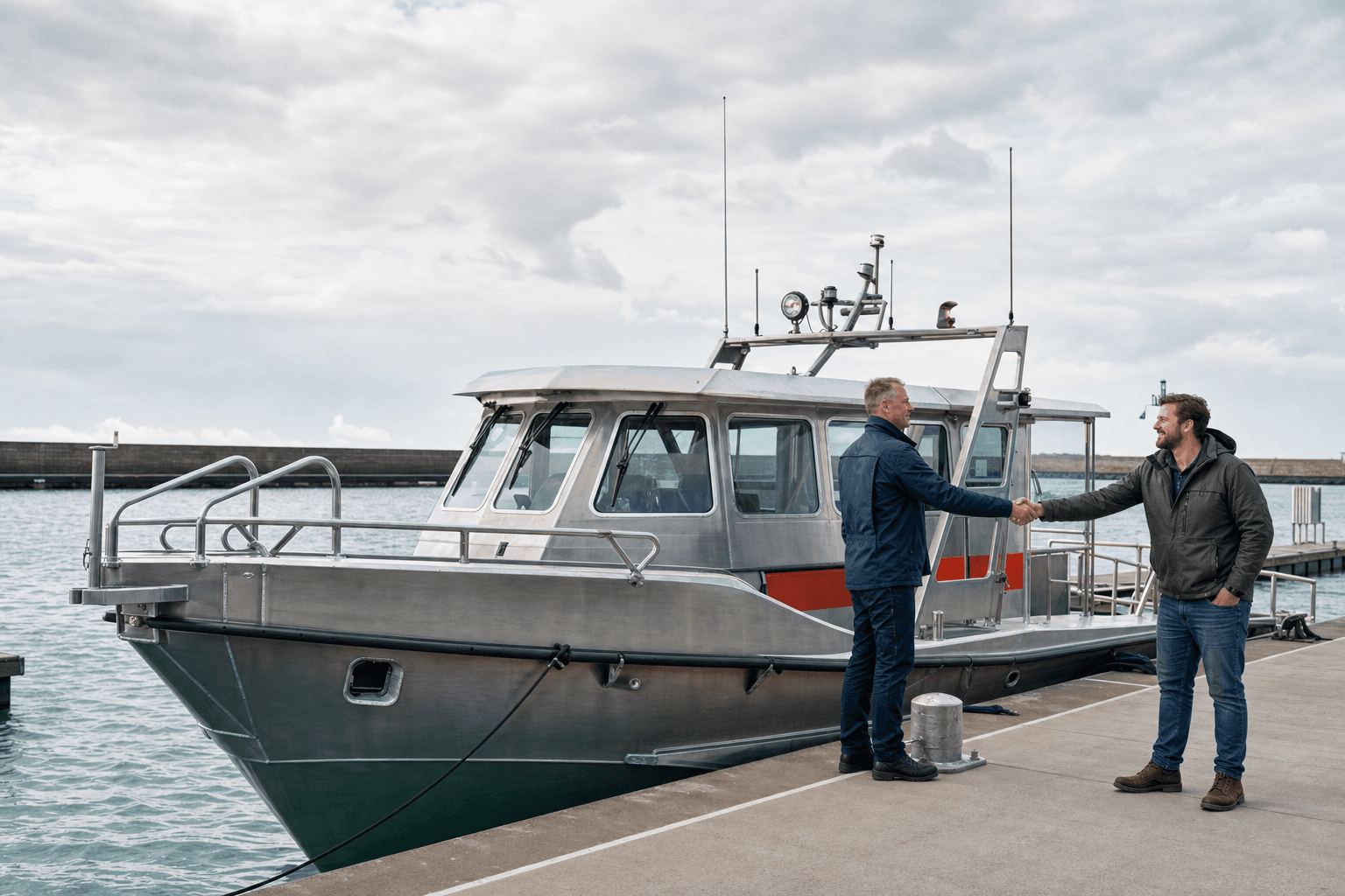 Customer receiving a completed aluminium workboat