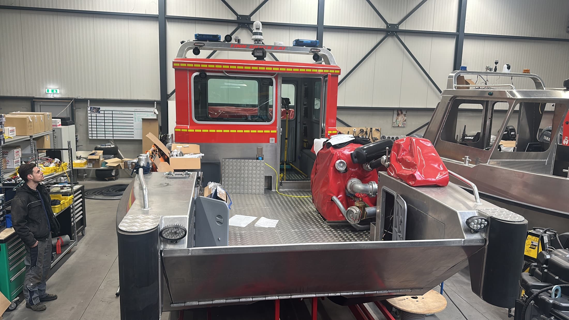 Firefighting vessel deck being outfitted in the workshop