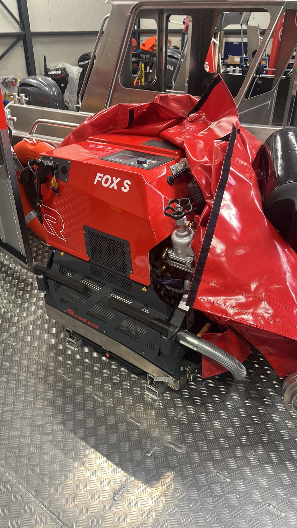 Portable Rosenbauer firefighting pump installed aboard a rescue boat