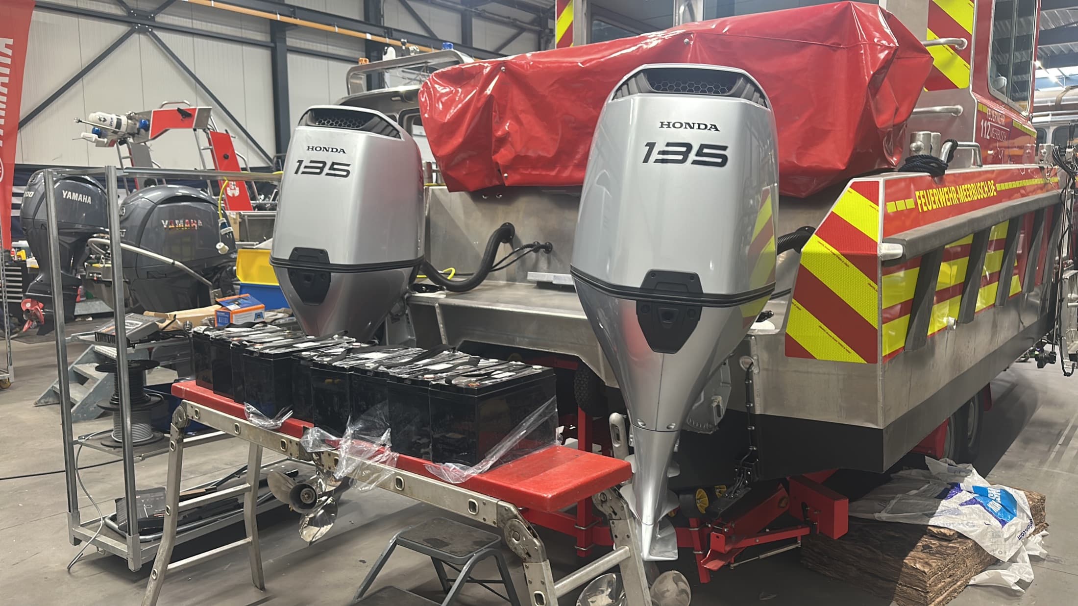 Twin Honda outboards on a completed fire rescue boat