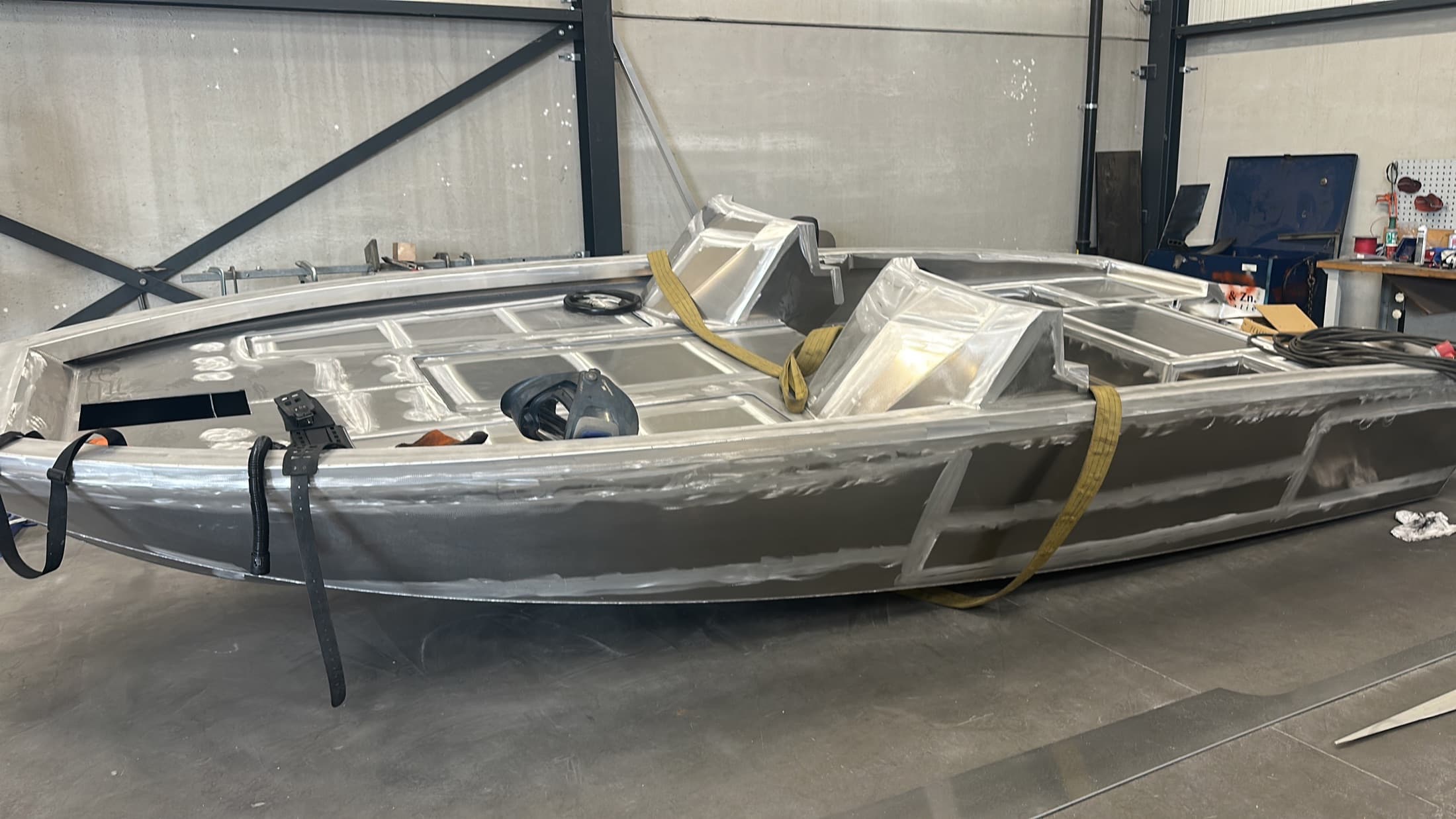 Welded aluminium boat hull under construction