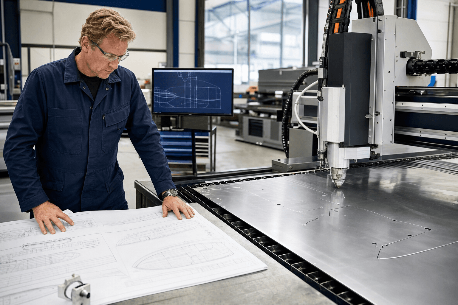 Marine engineer working with CAD and CNC equipment