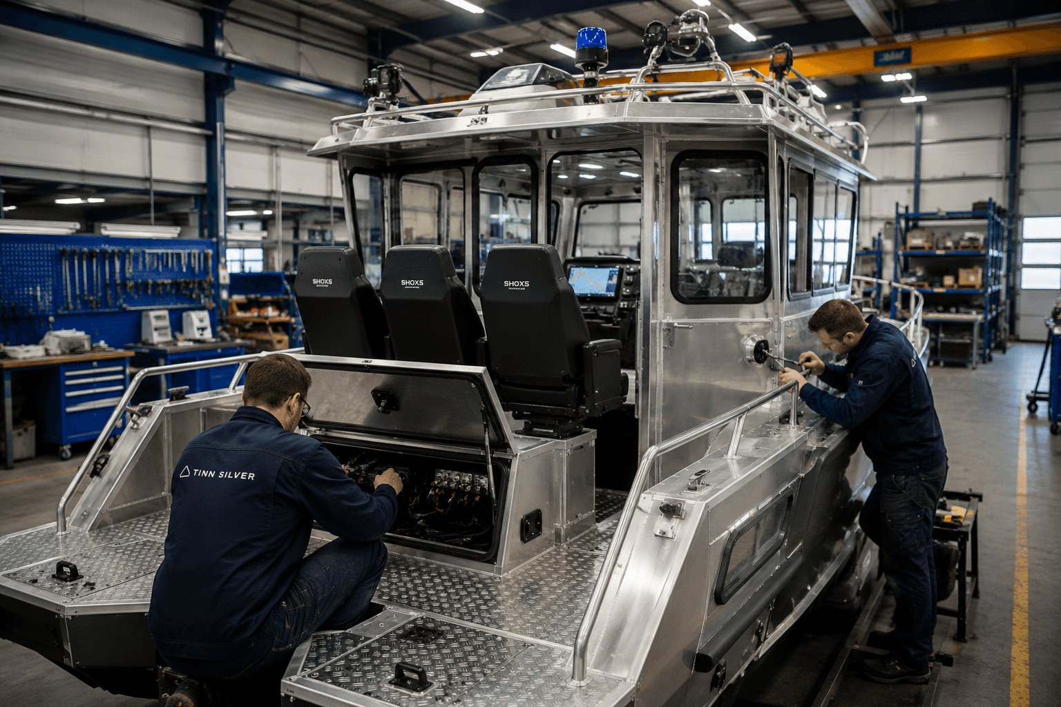 Aluminium rescue boat under construction in the Tinn Silver workshop
