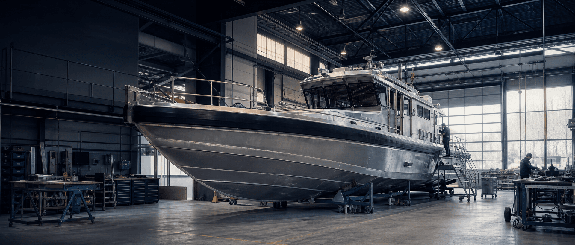 Aluminium rescue vessel under construction in a modern shipyard