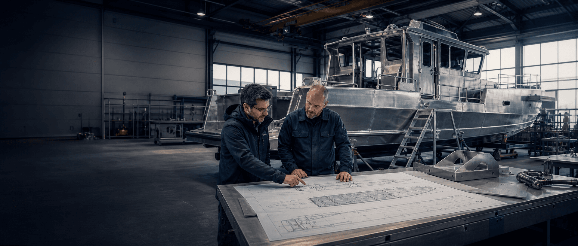 Rescue boat concept drawings on an engineering table
